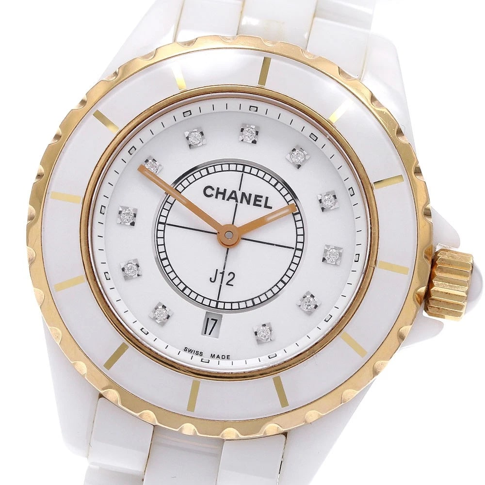 CHANEL J12 WHITE CERAMIC DIAMOND PG BEZEL QUARTZ WATCH: CHANEL J12 White ceramic diamond PG bezel Quartz Watch Brand: CHANEL Type/Style: Wristwatch Material: Band Material Ceramic / Stainless Steel, Case Material Ceramic/PG/Stainless Steel Color: Dial Colo