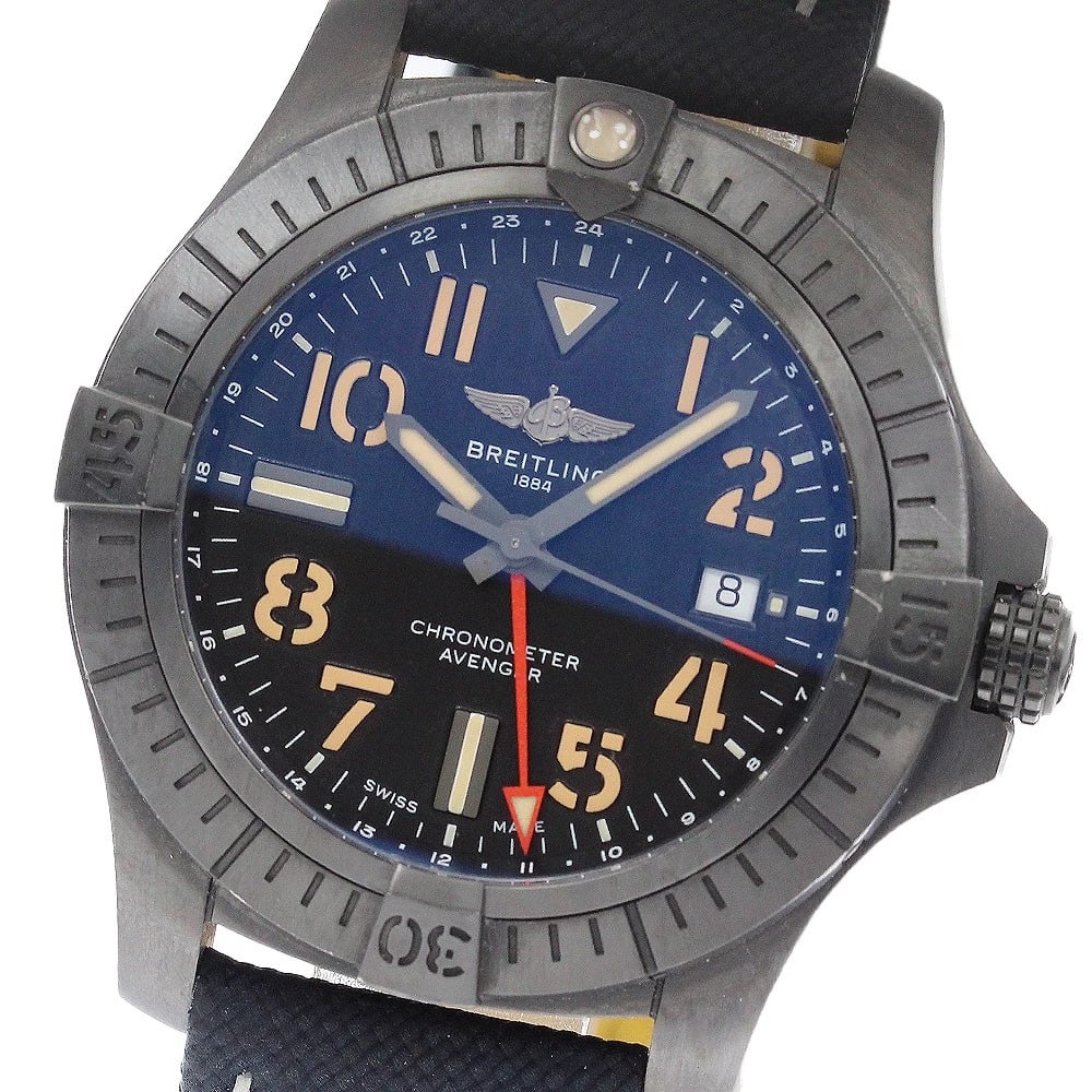 BREITLING AVENGER BLACK AUTOMATIC WATCH: BREITLING Avenger black Automatic Watch Brand: BREITLING Type/Style: Wristwatch Material: Band Material Leather / nylon, Case Material titanium Color: Dial Color black Size: Case size About 45mm