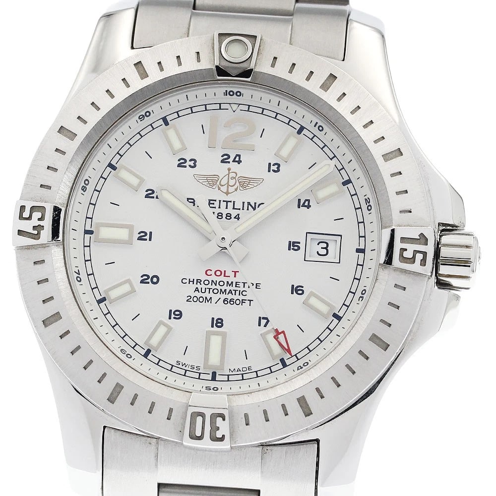 BREITLING DATE SILVER AUTOMATIC WATCH: BREITLING Date Silver Automatic Watch Brand: BREITLING Type/Style: Wristwatch Material: Band Material Stainless Steel, Case Material Stainless Steel Color: Dial Color Silver Size: Case size About