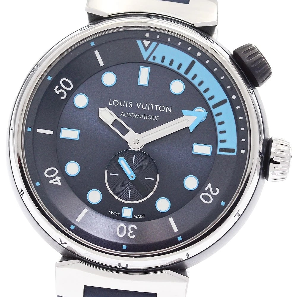 LOUIS VUITTON TAMBOUR AUTOMATIC WATCH: LOUIS VUITTON Tambour Automatic Watch Brand: LOUIS VUITTON Type/Style: Wristwatch Material: Band Material rubber, Case Material Stainless Steel Color: Dial Color Navy Size: Case size About 44mm