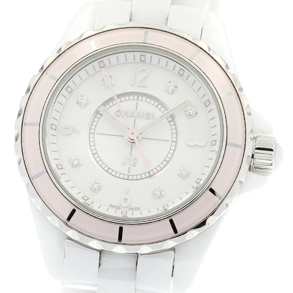 CHANEL J12 DIAMOND SOFT PINK WHITE QUARTZ WATCH: CHANEL J12 Diamond Soft Pink white Quartz Watch Brand: CHANEL Type/Style: Wristwatch Material: Band Material Stainless Steel / ceramic, Case Material Stainless Steel / ceramic Color: Dial Color white 