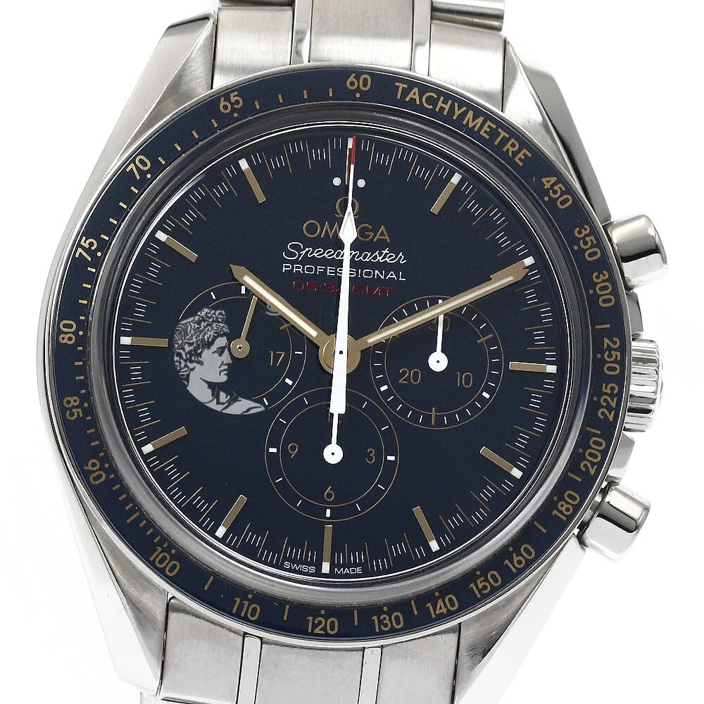 OMEGA SPEEDMASTER MOONWATCH WATCH: OMEGA Speedmaster Moonwatch Watch Brand: OMEGA Type/Style: Wristwatch Material: Band Material Stainless Steel, Case Material Stainless Steel Color: Dial Color Navy Size: Case size About 42mm