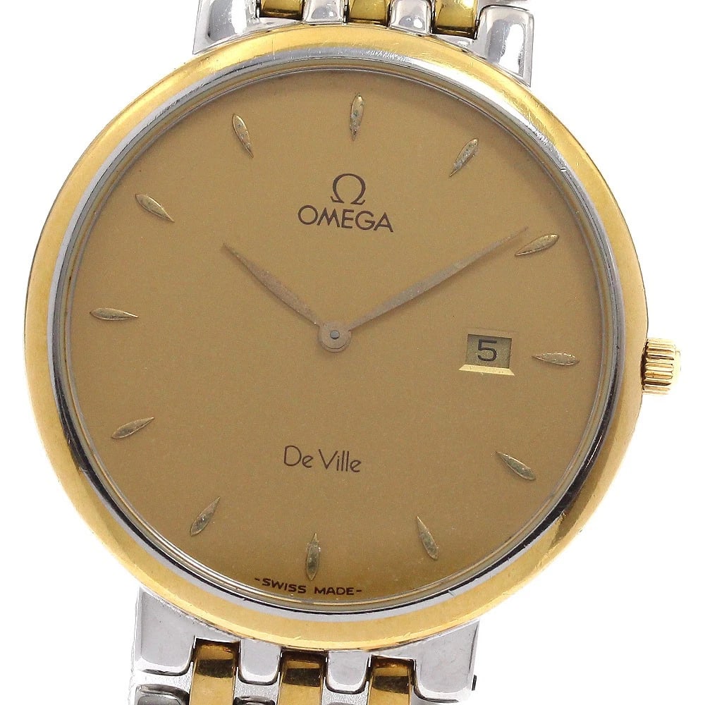 OMEGA DE VILLE DATE STAINLESS STEEL/YG BRACELET QUARTZ WATCH: OMEGA De Ville Date Stainless Steel/YG Bracelet Quartz Watch Brand: OMEGA Type/Style: Wristwatch Material: Band Material Stainless Steel/YG, Case Material Stainless Steel/Gold Plated Color: Dial