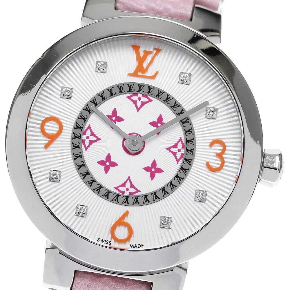 LOUIS VUITTON TAMBOUR SLIM DIAMOND QUARTZ WATCH: LOUIS VUITTON Tambour Slim diamond Quartz Watch Brand: LOUIS VUITTON Type/Style: Wristwatch Material: Band Material leather, Case Material Stainless Steel Color: Dial Color Silver Size: Case Size Abou