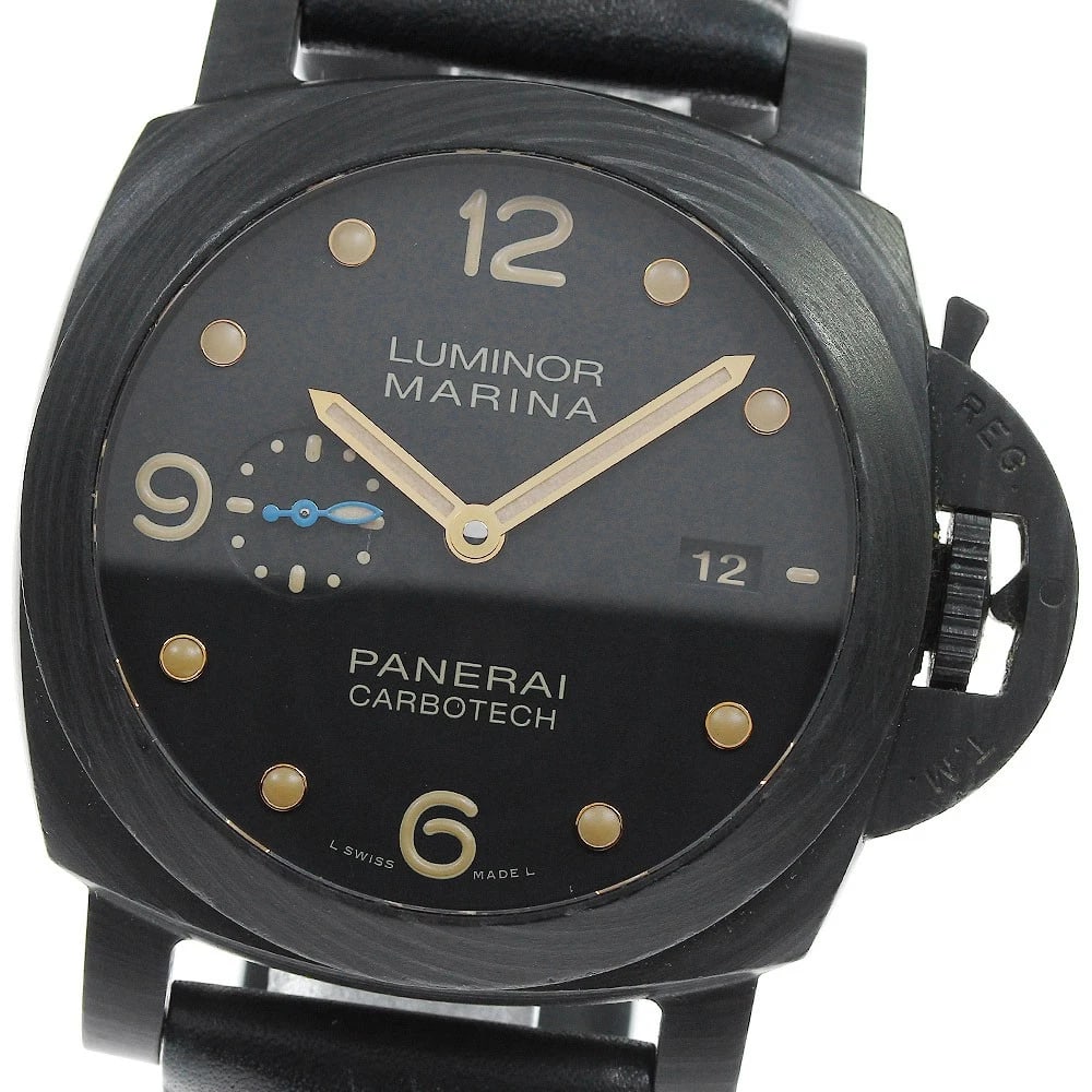 PANERAI LUMINOR MARINA CARBOTECH DATE AUTOMATIC WATCH: PANERAI Luminor Marina Carbotech Date Automatic Watch Brand: PANERAI Type/Style: Wristwatch Material: Band Material leather, Case Material Carbotech Color: Dial Color black Size: Case Size About44mm