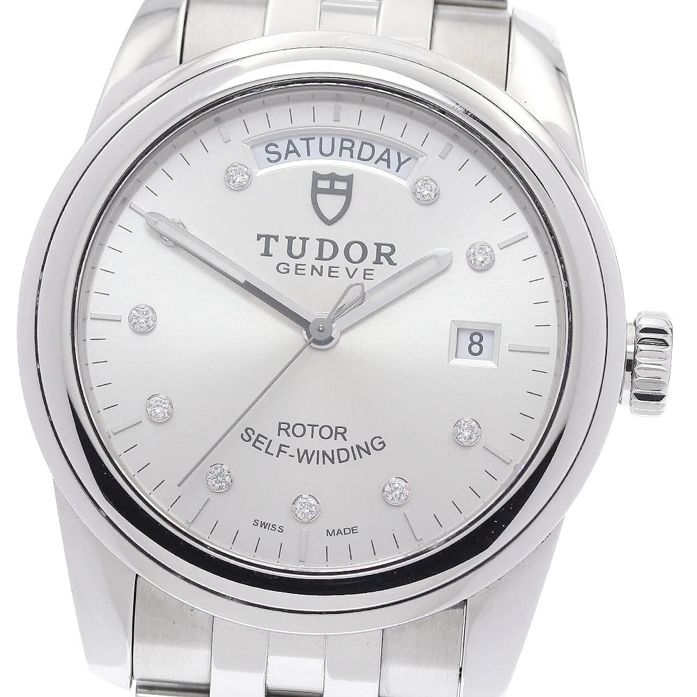 TUDOR GLAMOUR DATE DAY DIAMOND AUTOMATIC WATCH: TUDOR Glamour Date Day Diamond Automatic Watch Brand: TUDOR Type/Style: Wristwatch Material: Band Material Stainless Steel, Case Material Stainless Steel Color: Dial Color Silver Size: Case Size