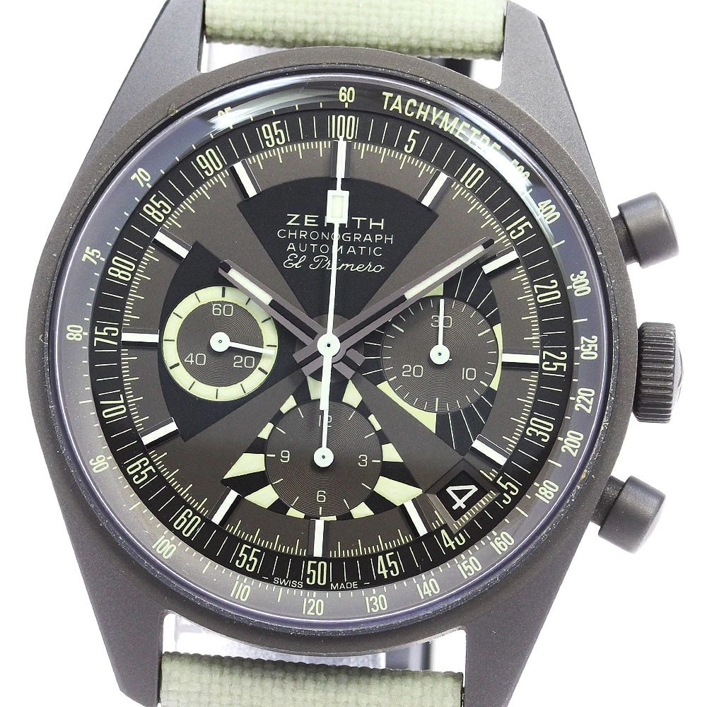 ZENITH CHRONOMASTER REVIVAL POKER CHIP WATCH: ZENITH Chronomaster Revival Poker Chip Watch Brand: ZENITH Type/Style: Wristwatch Material: Band Material leather, Case Material titanium Color: Dial Color Gray / green Size: Case Size About38mm