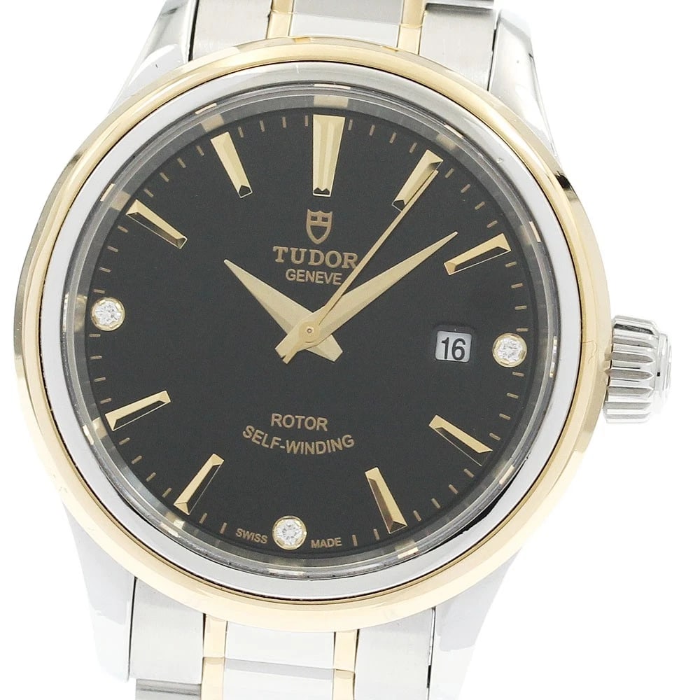 TUDOR STYLE DATE DIAMOND BLACK DIAL AUTOMATIC WATCH: TUDOR style Date diamond black Dial Automatic Watch Brand: TUDOR Type/Style: Wristwatch Material: Band Material Stainless Steel/YG, Case Material Stainless Steel/YG Color: Dial Color black Size: Case 