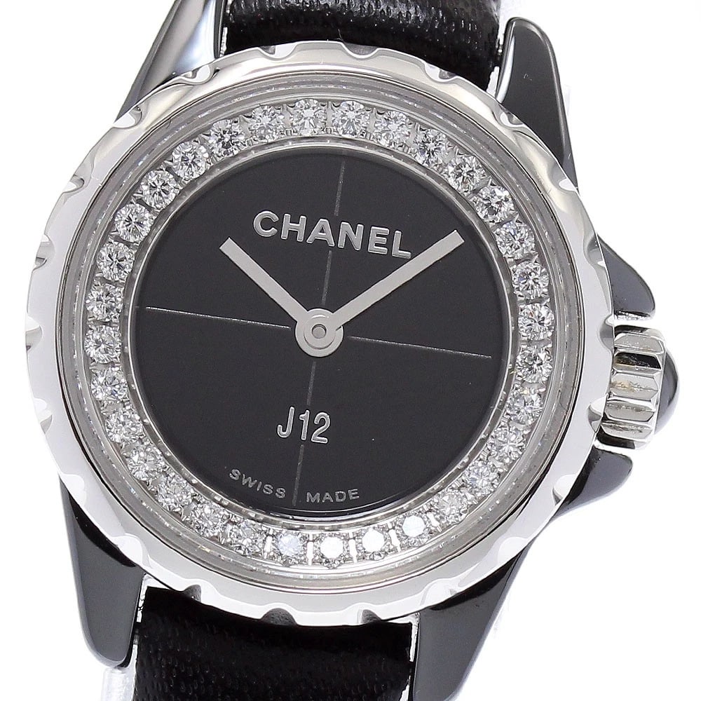 CHANEL J12 DIAMOND BLACK DIAL QUARTZ WATCH: CHANEL J12 Diamond Black Dial Quartz Watch Brand: CHANEL Type/Style: Wristwatch Material: Band Material leather, Case Material Stainless Steel / ceramic Color: Dial Color black Size: Case Size About20
