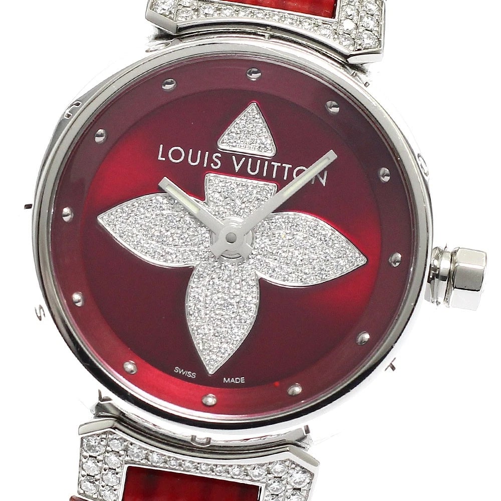 LOUIS VUITTON TAMBOUR FOREVER DIAMOND RED DIAL QUARTZ WATCH: LOUIS VUITTON Tambour Forever diamond Red Dial Quartz Watch Brand: LOUIS VUITTON Type/Style: Wristwatch Material: Band Material leather, Case Material Stainless Steel Color: Dial Color Red Size: Case