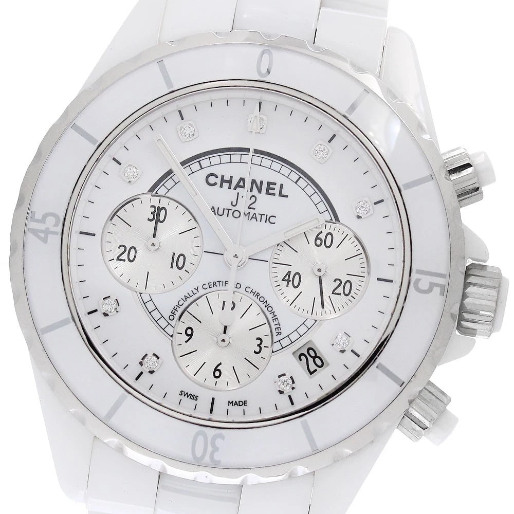 CHANEL J12 WHITE CERAMIC DIAMOND CHRONOGRAPH AUTOMATIC WATCH: CHANEL J12 white ceramic diamond chronograph Automatic Watch Brand: CHANEL Type/Style: Wristwatch Material: Band Material Stainless Steel / ceramic, Case Material Stainless Steel / ceramic Color: