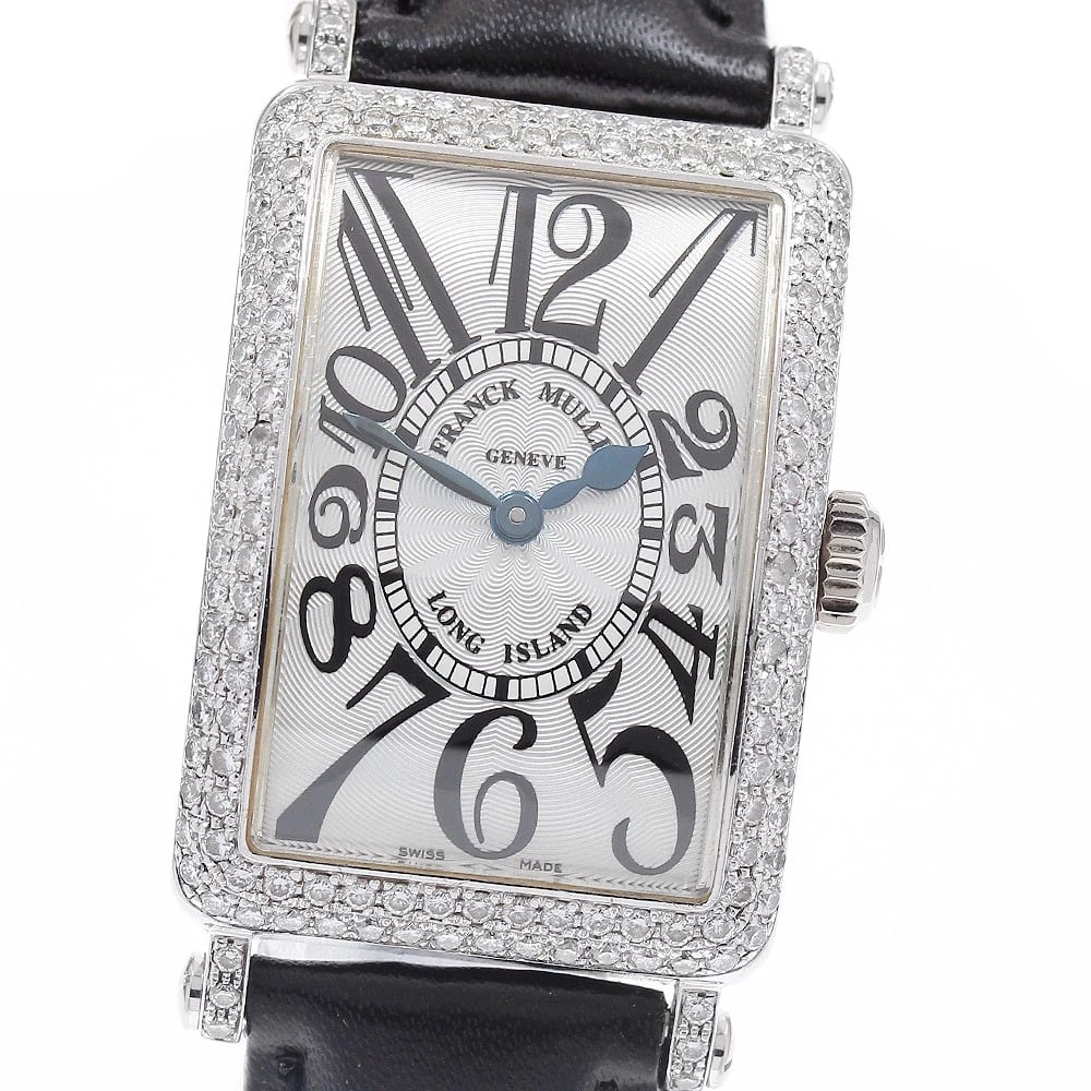 FRANCK MULLER LONG ISLAND DIAMOND BEZEL SILVER DIAL WATCH: FRANCK MULLER Long Island Diamond Bezel Silver Dial Watch Brand: FRANCK MULLER Type/Style: Wristwatch Material: Band Material leather, Case Material Stainless Steel Color: Dial Color Silver Size: