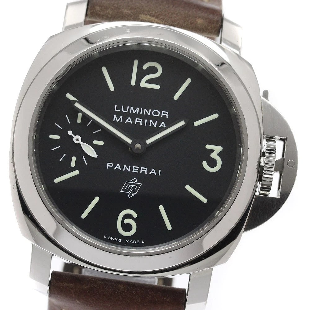 PANERAI LUMINOR MARINA LOGO ACCIAIO HAND WINDING WATCH: PANERAI Luminor Marina Logo Acciaio Hand Winding Watch Brand: PANERAI Type/Style: Wristwatch Material: Band Material leather, Case Material Stainless Steel Color: Dial Color black Size: Case Size Abou