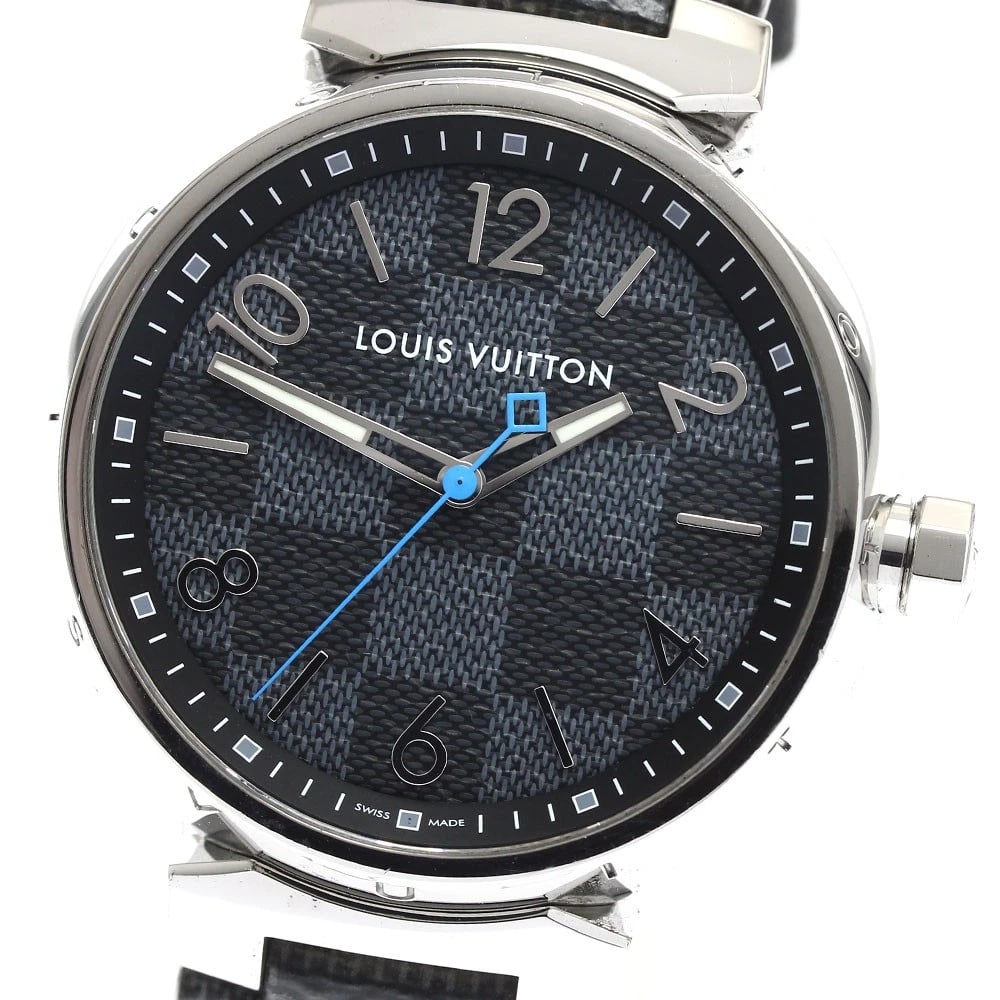 LOUIS VUITTON TAMBOUR DAMIER GRAPHITE BLACK DIAL QUARTZ WATCH: LOUIS VUITTON Tambour Damier Graphite black Dial Quartz Watch Brand: LOUIS VUITTON Type/Style: Wristwatch Material: Band Material leather, Case Material Stainless Steel Color: Dial Color black Size:
