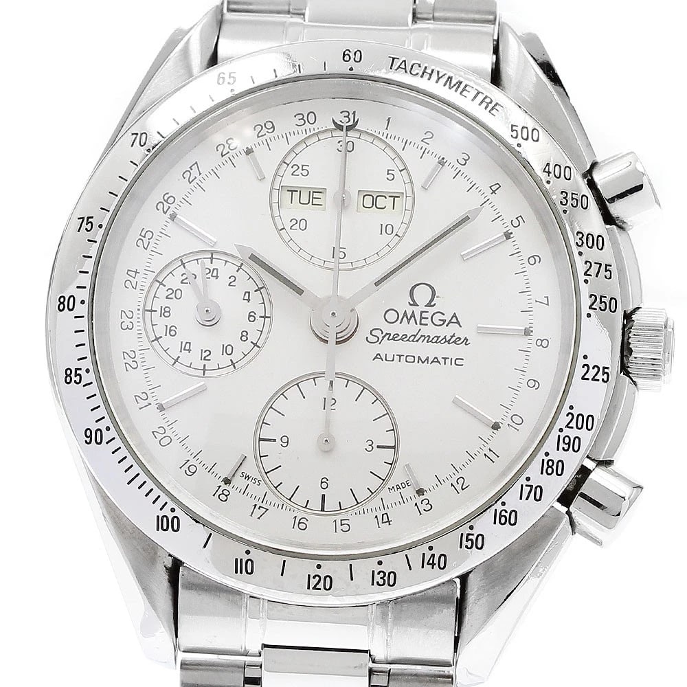 OMEGA SPEEDMASTER TRIPLE CALENDAR AUTOMATIC WATCH: OMEGA Speedmaster Triple calendar Automatic Watch Brand: OMEGA Type/Style: Wristwatch Material: Band Material Stainless Steel, Case Material Stainless Steel Color: Dial Color Silver Size: Case Size Ab