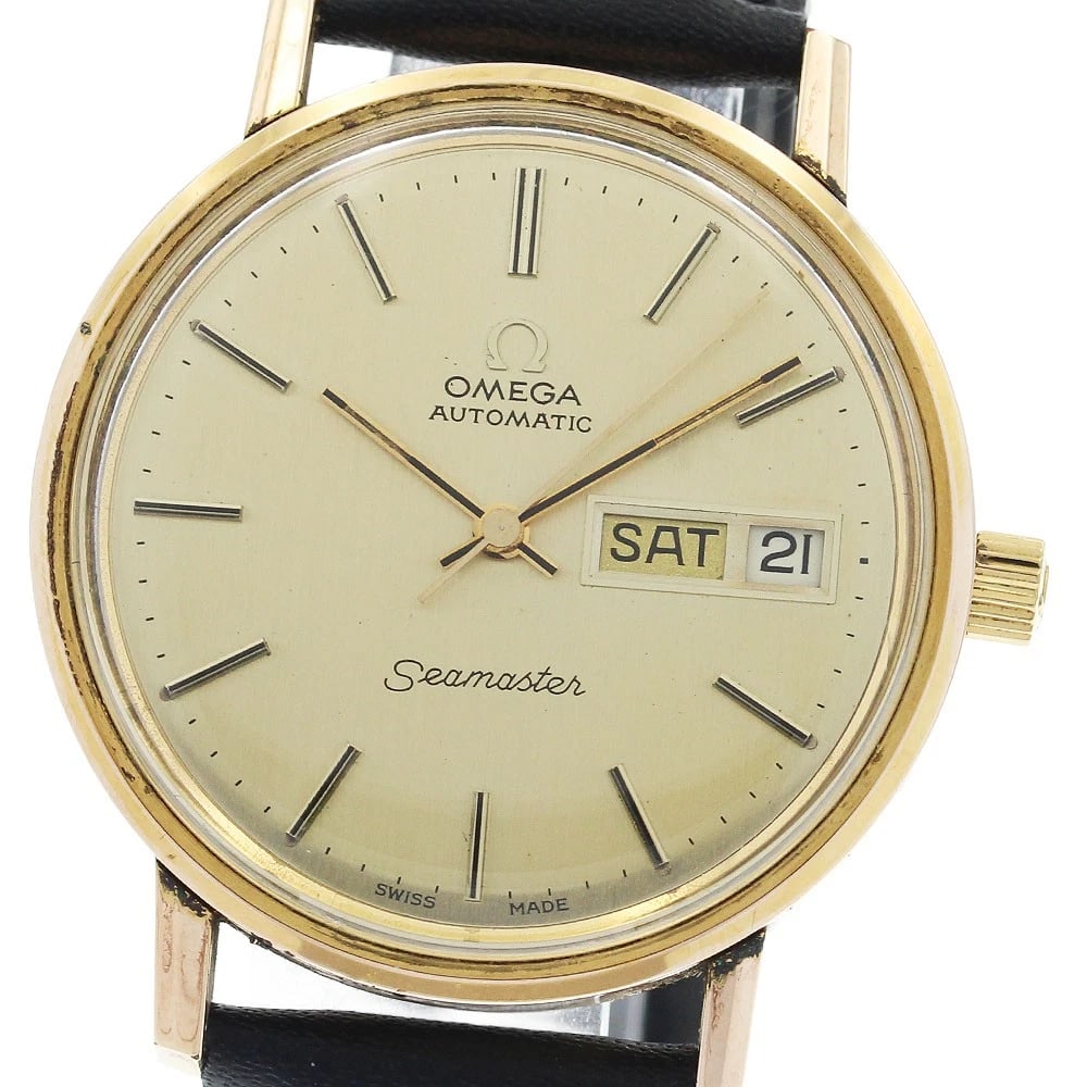 OMEGA SEAMASTER DAY DATE GOLD DIAL AUTOMATIC WATCH: OMEGA Seamaster Day Date Gold Dial Automatic Watch Brand: OMEGA Type/Style: Wristwatch Material: Band Material leather, Case Material Stainless Steel/Gold Plated Color: Dial Color gold Size: Case