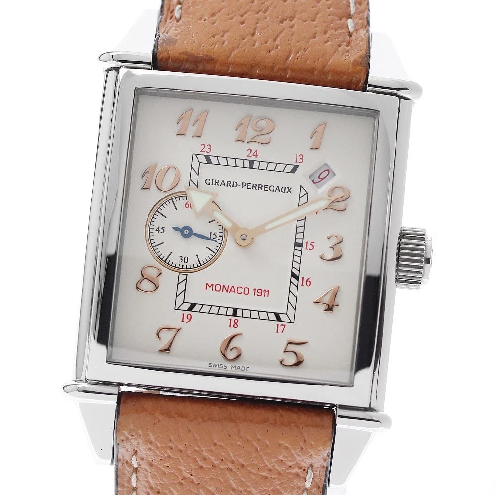 GIRARD PERREGAUX MONACO DATE BEIGE DIAL WATCH: GIRARD PERREGAUX Monaco Date beige Dial Watch Brand: GIRARD PERREGAUX Type/Style: Wristwatch Material: Band Material leather, Case Material Stainless Steel Color: Dial Color beige Size: Case Size