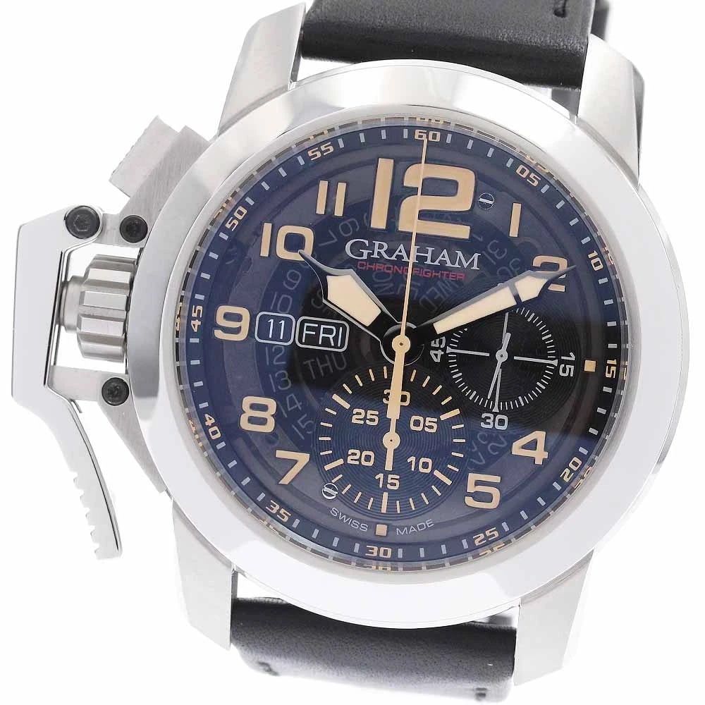 GRAHAM CHRONO FIGHTER OVERSIZE AUTOMATIC WATCH: GRAHAM Chrono Fighter Oversize Automatic Watch Brand: GRAHAM Type/Style: Wristwatch Material: Band Material leather, Case Material Stainless Steel Color: Dial Color black Size: Case Size About47mm