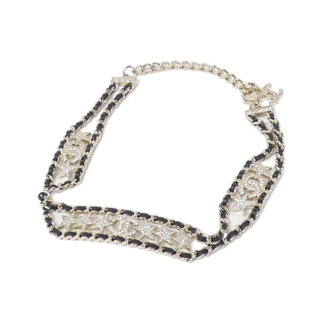 CHANEL NECKLACE BLACK + CRYSTAL GOLD: Chanel Necklace Black + Crystal Gold Brand: Chanel Type/Style: Necklace Material: Lambskin, Color: BLACK+CRYSTAL (Black + Crystal) / GOLD (Gold) Hardware Size: Length: 30-37.5cm Motif (Width x Height)