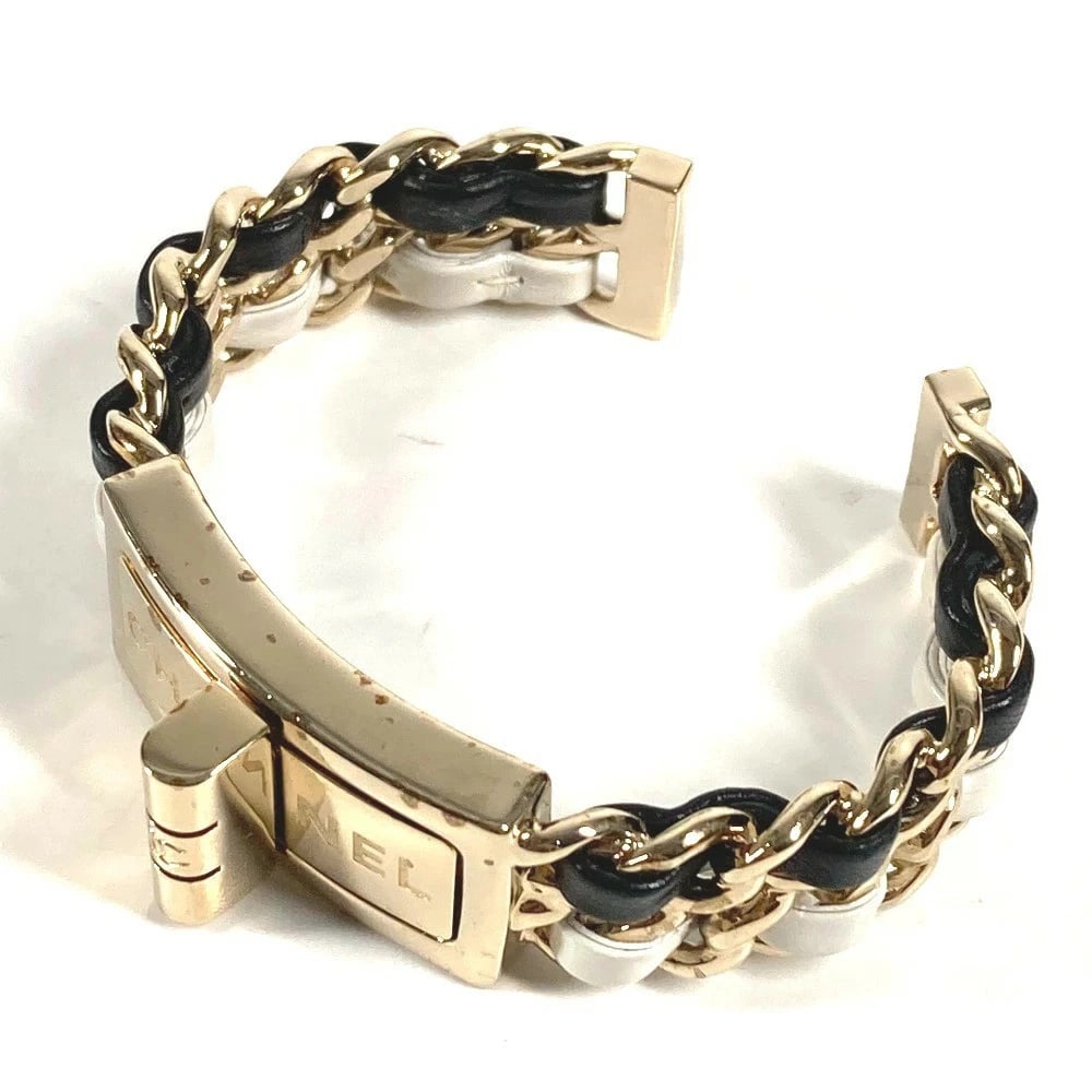 CHANEL COCO MARK DOUBLE CHAIN BRACELET METAL LEATHER BLACK: CHANEL Coco Mark Double Chain Bracelet Metal Leather Black Brand: CHANEL Type/Style: Bracelet Material: Metal / Leather, Color: Black x Gold x White Size: Wrist Circumference: 12.5cm Accessories: