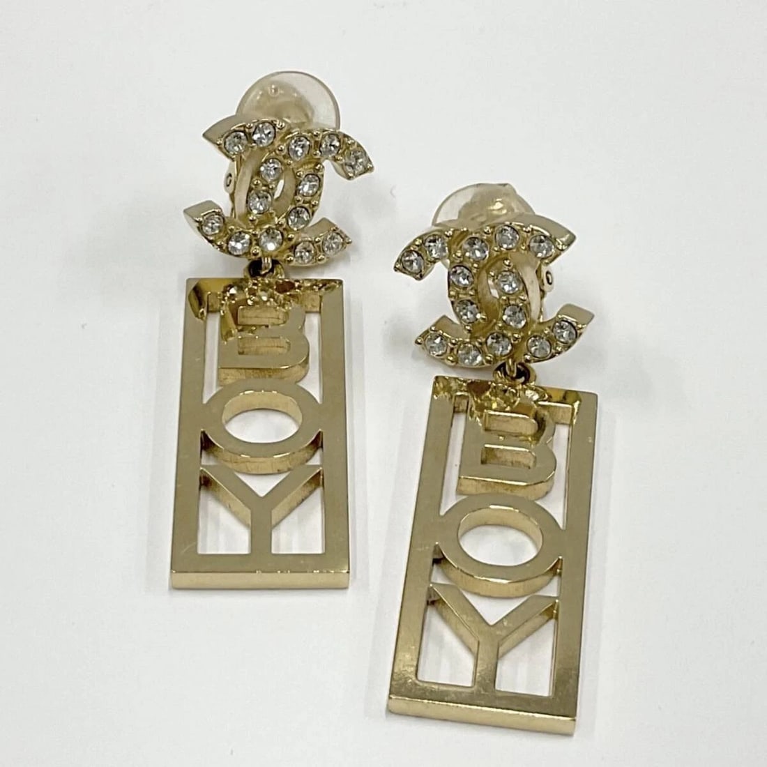 CHANEL CC COCO MARK BOY RHINESTONE DROP CLIP EARRINGS GOLD PIERCE (1 of 2)