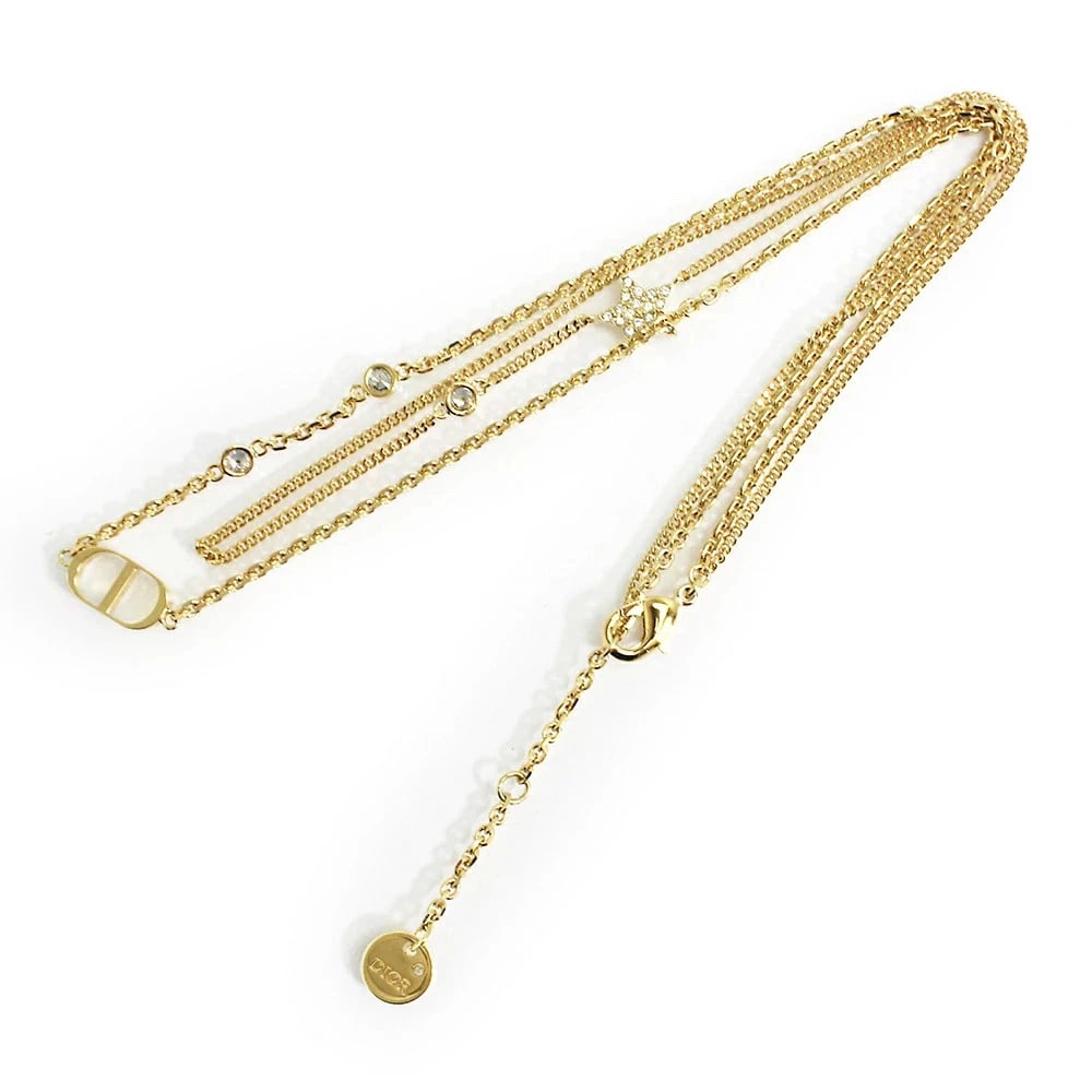 DIOR PETIT CD DOUBLE NECKLACE GOLD CRYSTAL STAR LOGO CHAIN: DIOR Petit CD Double Necklace Gold Crystal Star Logo Chain Brand: Christian Dior Type/Style: Necklace Material: Gold-tone metal / White crystal, Color: gold Size: Chain approx. 37cm/39cm (two-step adj