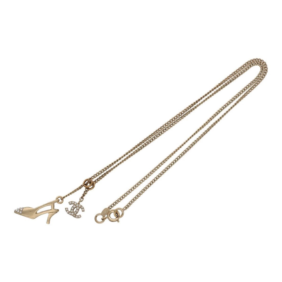 CHANEL RHINESTONE COCO MARK HIGH HEEL NECKLACE GOLD CHARM PENDANT: CHANEL Rhinestone Coco Mark High Heel Necklace Gold Charm Pendant Brand: CHANEL Type/Style: Necklace Material: NONE, Color: GOLD Size: High heel top (W) approx. 2.3 cm x (H) approx. 1.6 cm Chain: appr