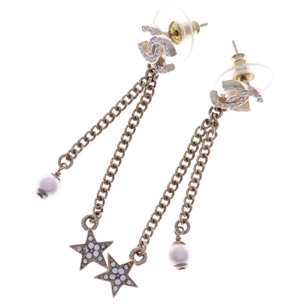 CHANEL CC STAR RHINESTONE COCO MARK EARRINGS, GOLD GP: CHANEL CC Star Rhinestone Coco Mark Earrings, Gold GP Brand: CHANEL Type/Style: Earrings Material: GP, Color: gold Size: Actual Measurements: Total Length: 5.5 cm [Motif] Height: 11.70 mm Width: 9.23 