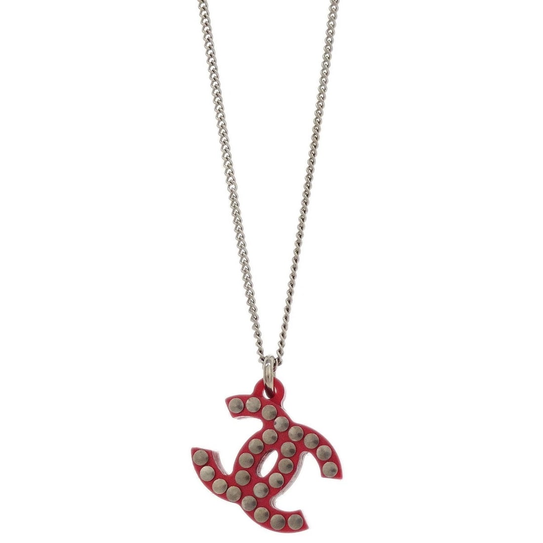 CHANEL SILVER RED ACRYLIC CC CHAIN PENDANT NECKLACE: Chanel Silver Red Acrylic CC Chain Pendant Necklace Brand: CHANEL Type/Style: Necklace Material: Silver Plated Acrylic Color: silver + red Size: Chain(Overall) : 42.0 cmTop : W 1.7 x H 1.3 cm Acce