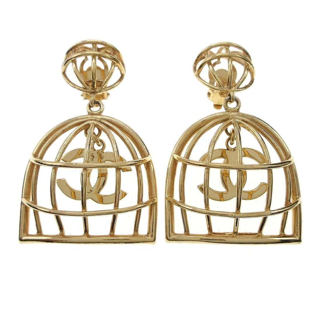 CHANEL GOLD BIRDCAGE DANGLE EARRINGS CLIP-ON: Chanel Gold Birdcage Dangle Earrings Clip-On Brand: CHANEL Type/Style: Earrings Material: Gold Plated Color: gold Size: W 4.0 x H 6.5 cm Accessories: None Accessories Notice: When purchasing