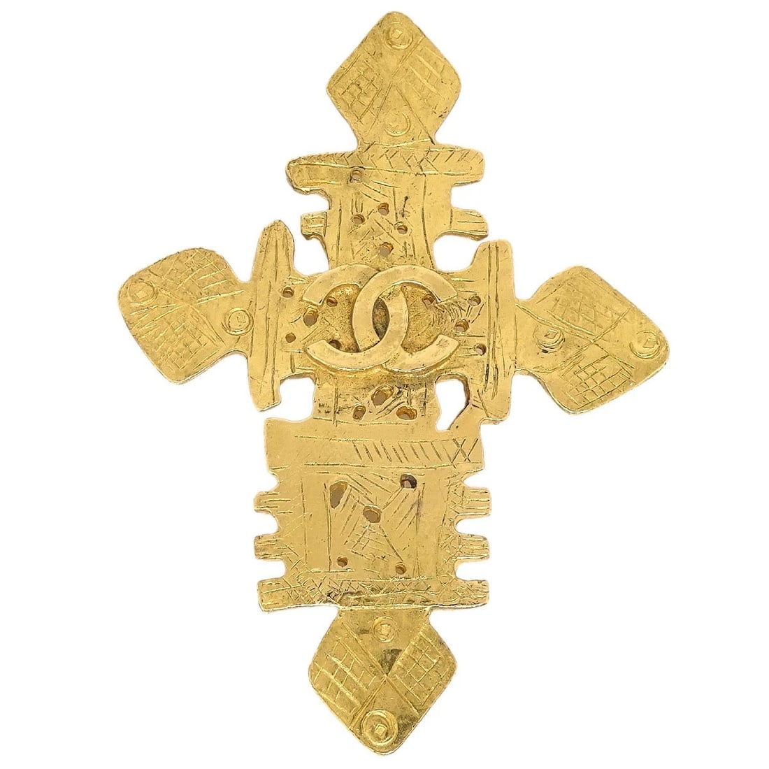 CHANEL GOLD CROSS BROOCH PIN: Chanel Gold Cross Brooch Pin Brand: Chanel Type/Style: Brooch Material: Gold Plated Color: gold Size: W 6.4 x H 8.7 cm Accessories: None Accessories Notice: When purchasing pre-owned goods