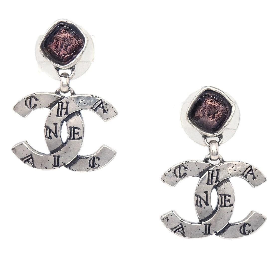 CHANEL SILVER CC DANGLE PIERCED EARRINGS GRIPOIX (1 of 2)