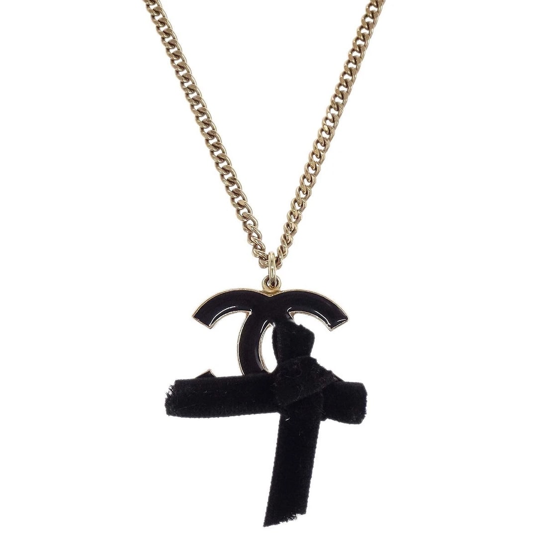 CHANEL GOLD BLACK CC BOW PENDANT NECKLACE: Chanel Gold Black CC Bow Pendant Necklace Brand: CHANEL Type/Style: Necklace Material: Gold Plated Color: gold + black Size: Chain(Overall) : 42.0 cmTop : W 3.0 x H 2.3 cm Accessories: None