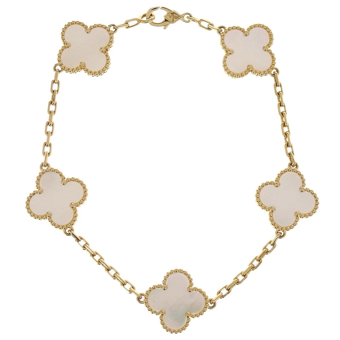 VAN CLEEF & ARPELS GOLD ALHAMBRA MOTHER OF PEARL BRACELET: Van Cleef & Arpels Gold Alhambra Mother of Pearl Bracelet Brand: Van Cleef & Arpels Type/Style: Bracelet Material: Gold Plated, Main Stone Mother of Pearl Color: gold Size: Inner circumference : 19.5 