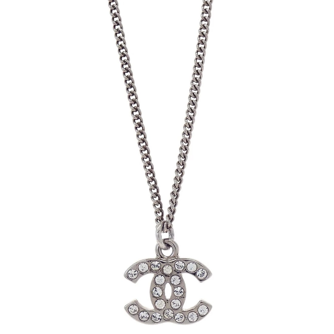 CHANEL CC CHAIN NECKLACE PENDANT SILVER RHINESTONE: Chanel CC Chain Necklace Pendant Silver Rhinestone Brand: CHANEL Type/Style: Pendant Material: Silver Plated Rhinestone Color: silver Size: Chain(Overall) : 44.0 cm Charm : W 1.4 x H 1.1 cm Access