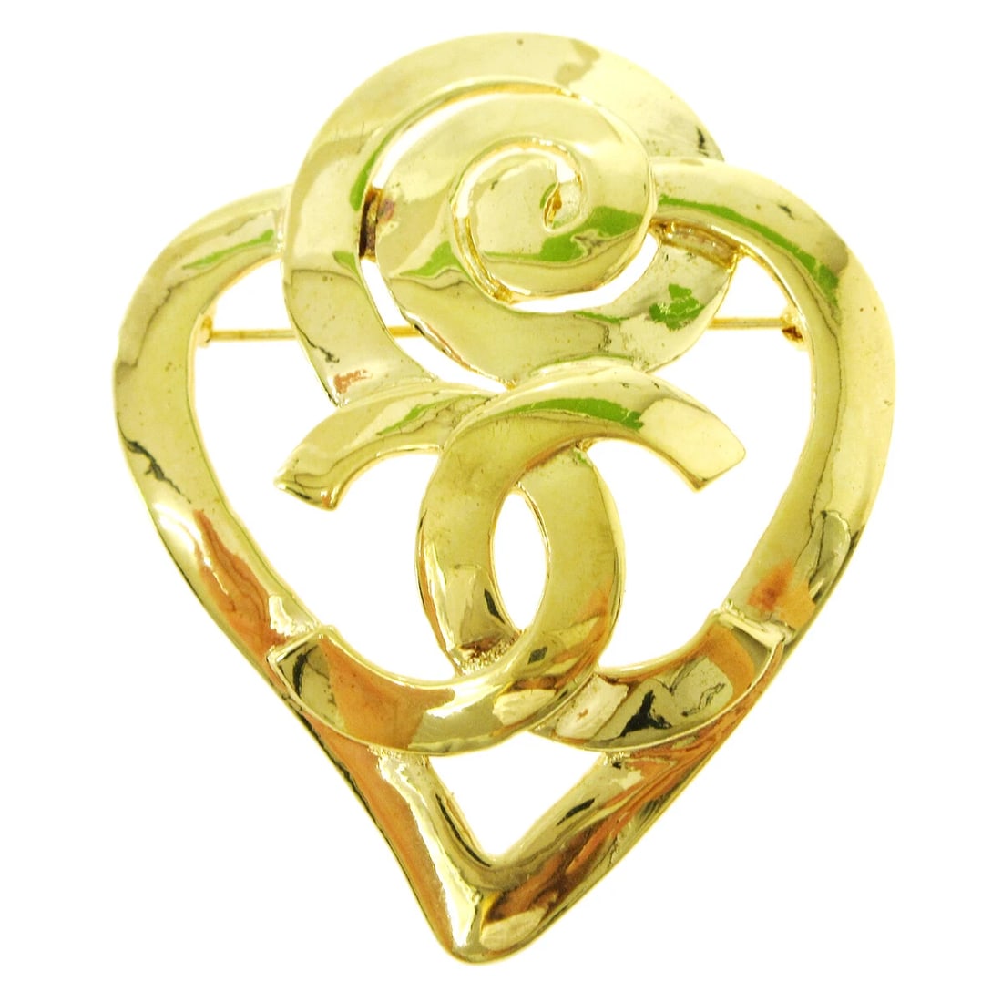 CHANEL GOLD HEART BROOCH PIN: Chanel Gold Heart Brooch Pin Brand: Chanel Type/Style: Brooch Material: Gold Plated Color: gold Size: W 5.3 x H 6.5 cm Accessories: None Accessories Notice: When purchasing pre-owned goods, please