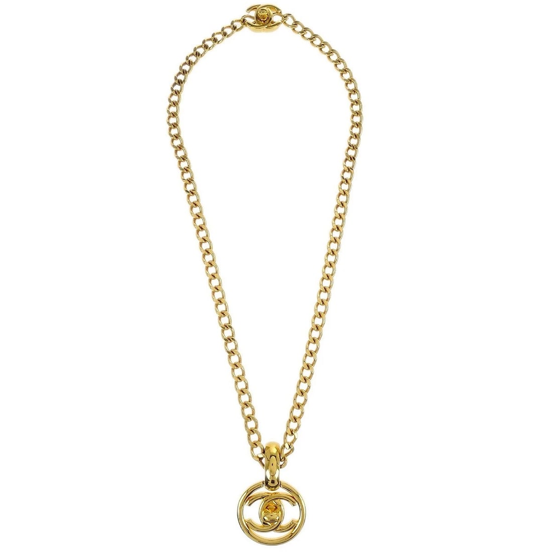 CHANEL GOLD TURNLOCK MEDALLION CHAIN PENDANT NECKLACE: Chanel Gold Turnlock Medallion Chain Pendant Necklace Brand: CHANEL Type/Style: Necklace Material: Gold Plated Color: gold Size: Chain(Overall) : 57.0 cmCharm : Diameter : 3.6 cm Accessories: None