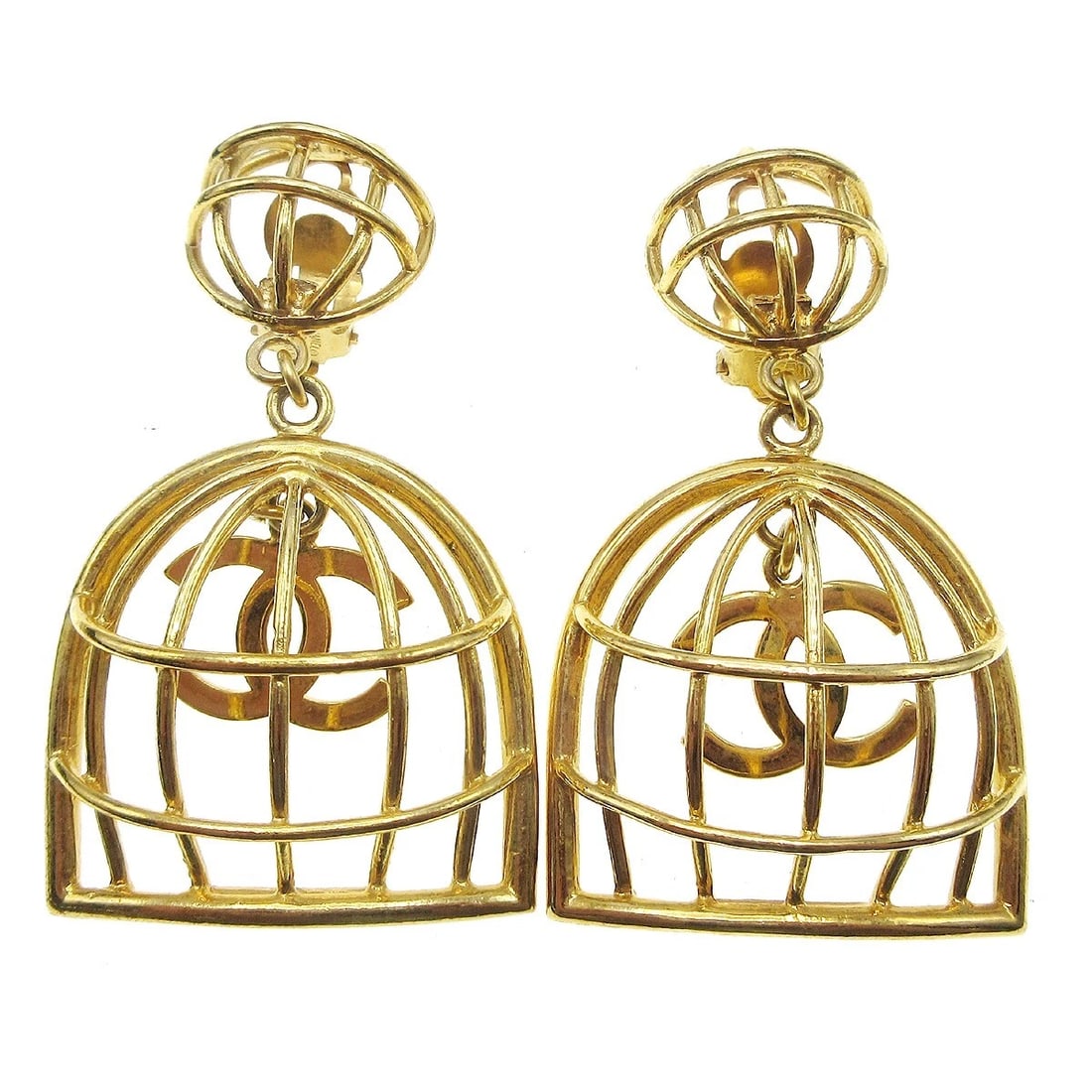 CHANEL GOLD BIRDCAGE DANGLE EARRINGS CLIP-ON: Chanel Gold Birdcage Dangle Earrings Clip-On Brand: CHANEL Type/Style: Earrings Material: Gold Plated Color: gold Size: W 4.0 x H 6.5 cm Accessories: None Accessories Notice: When purchasing