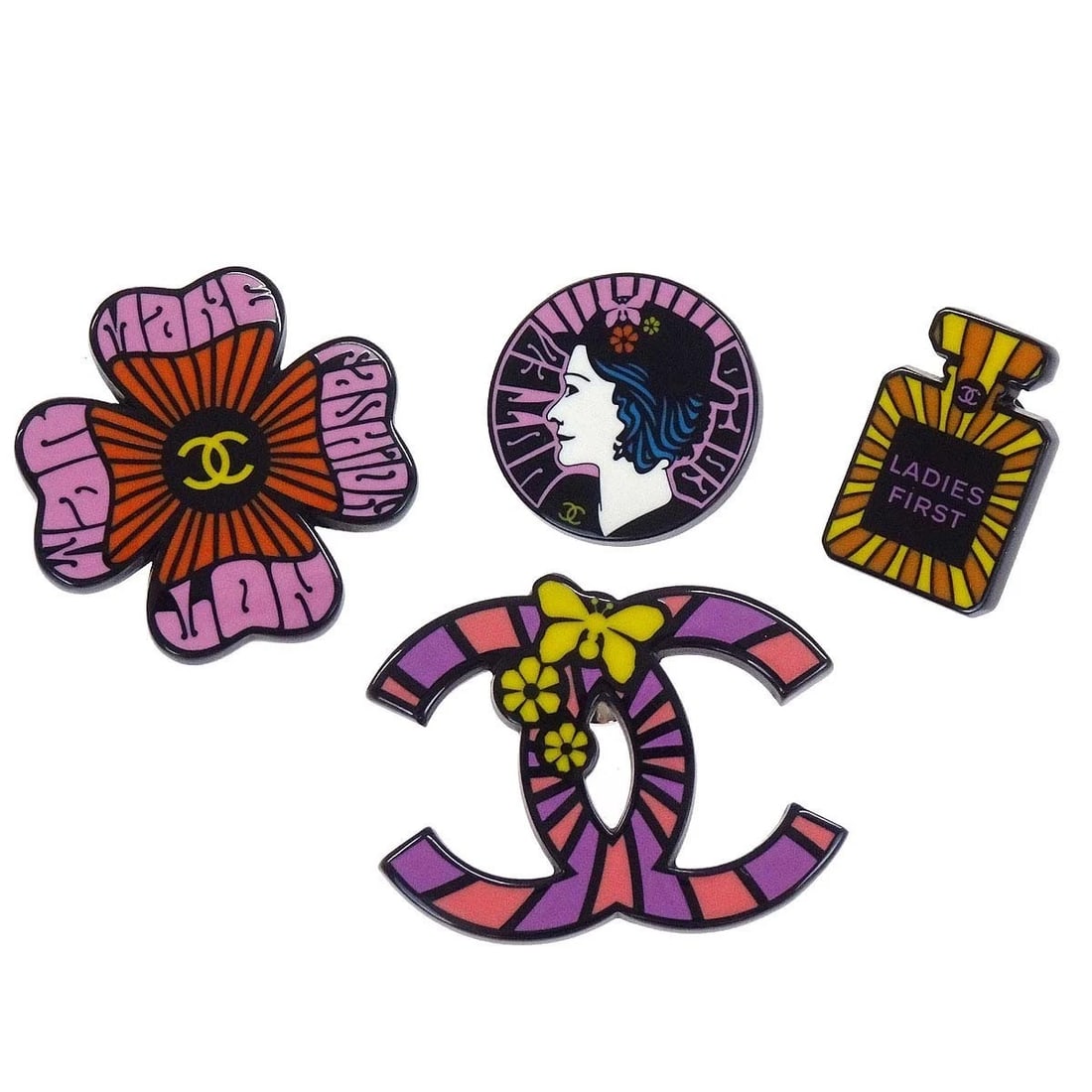 CHANEL BLACK 4SET BROOCH PIN: Chanel Black 4set Brooch Pin Brand: CHANEL Type/Style: Brooch Material: Gold Plated Color: black Size: W 3.8 x H 2.8 cmW 3.4 x H 3.4 cmW 2.5 x H 2.5 cmW 1.6 x H 2.4 cm Accessories: None Ac