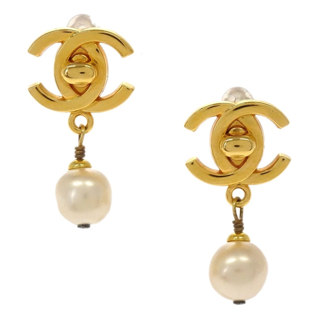 CHANEL TURNLOCK SMALL ARTIFICIAL PEARL DANGLE CLIP-ON EARRINGS: Chanel Turnlock Small Artificial Pearl Dangle Clip-On Earrings Brand: Chanel Type/Style: Earrings Material: Gold-plated, Main Stone Pearl Color: gold Size: W 2.2 x H 4.2 cm Accessories: None