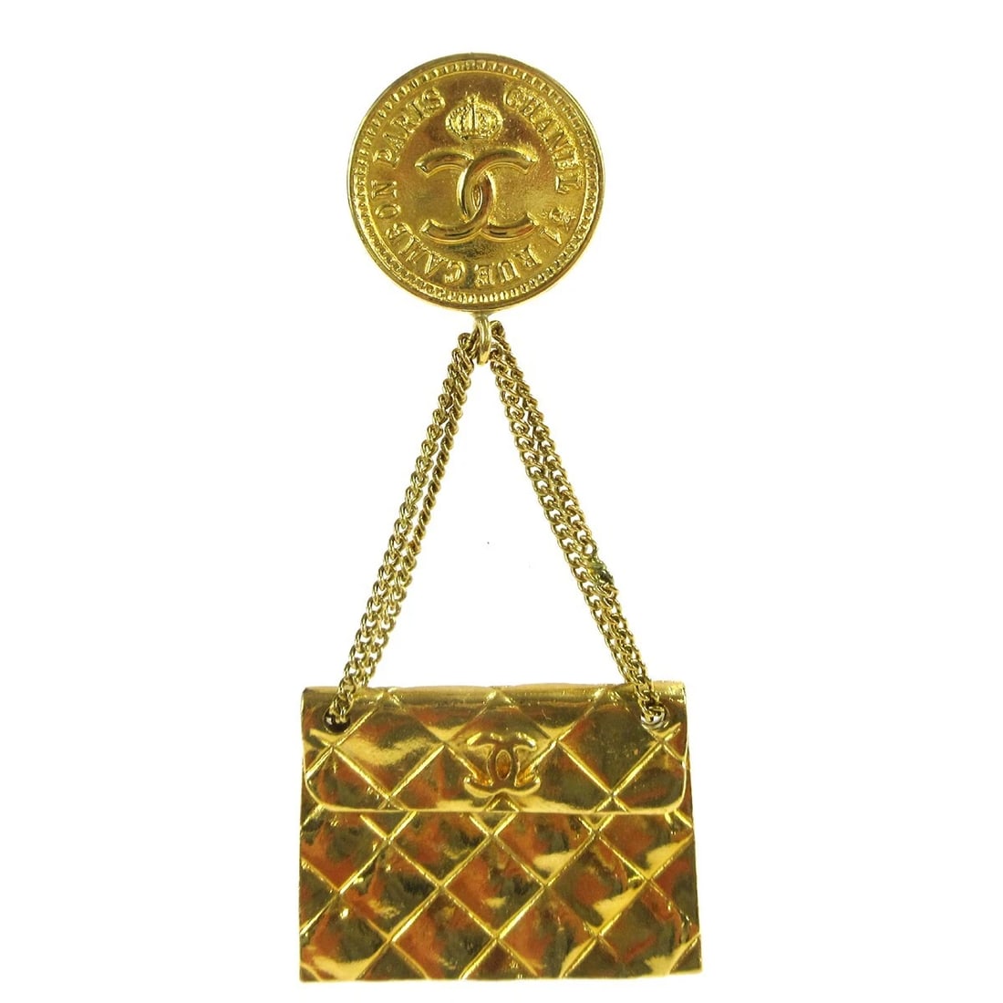 CHANEL GOLD BAG BROOCH PIN: Chanel Gold Bag Brooch Pin Brand: CHANEL Type/Style: Brooch Material: Gold Plated Color: gold Size: W 3.5 x H 7.8 cm Accessories: None Accessories Notice: When purchasing pre-owned goods, please