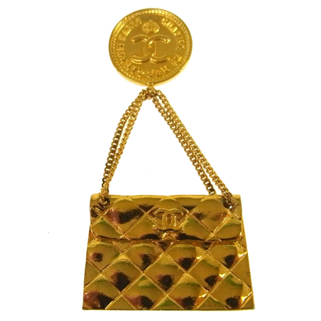 CHANEL GOLD BAG BROOCH PIN: Chanel Gold Bag Brooch Pin Brand: Chanel Type/Style: Brooch Material: Gold Plated Color: gold Size: W 3.5 * H 7.6 cm Accessories: None Accessories Notice: When purchasing pre-owned goods,