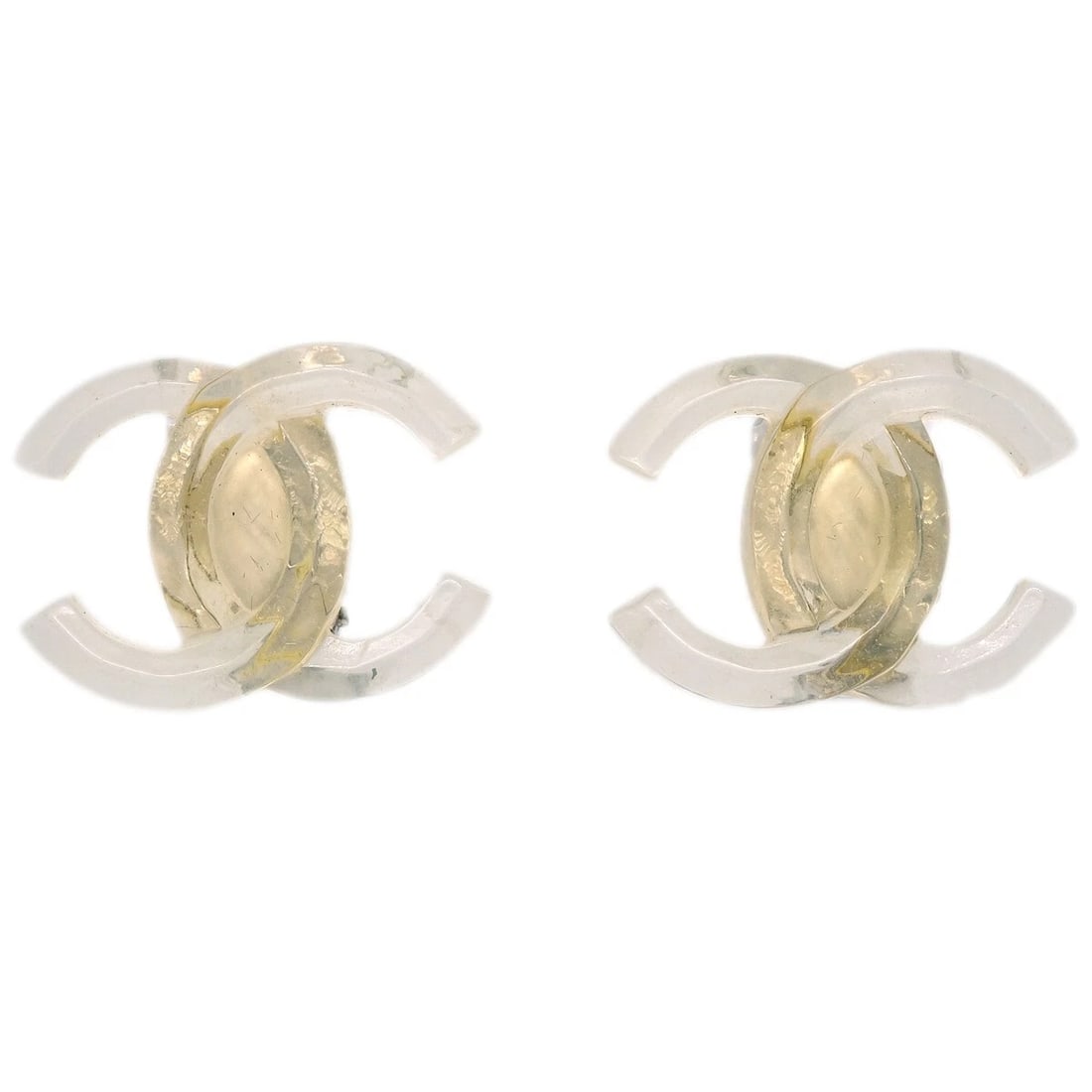 CHANEL CLEAR CC EARRINGS CLIP-ON: Chanel Clear CC Earrings Clip-On Brand: Chanel Type/Style: Earrings Material: Gold Plated Acrylic Color: clear Size: W 3.0 x H 1.8 cm Accessories: None Accessories Notice: When purchasing