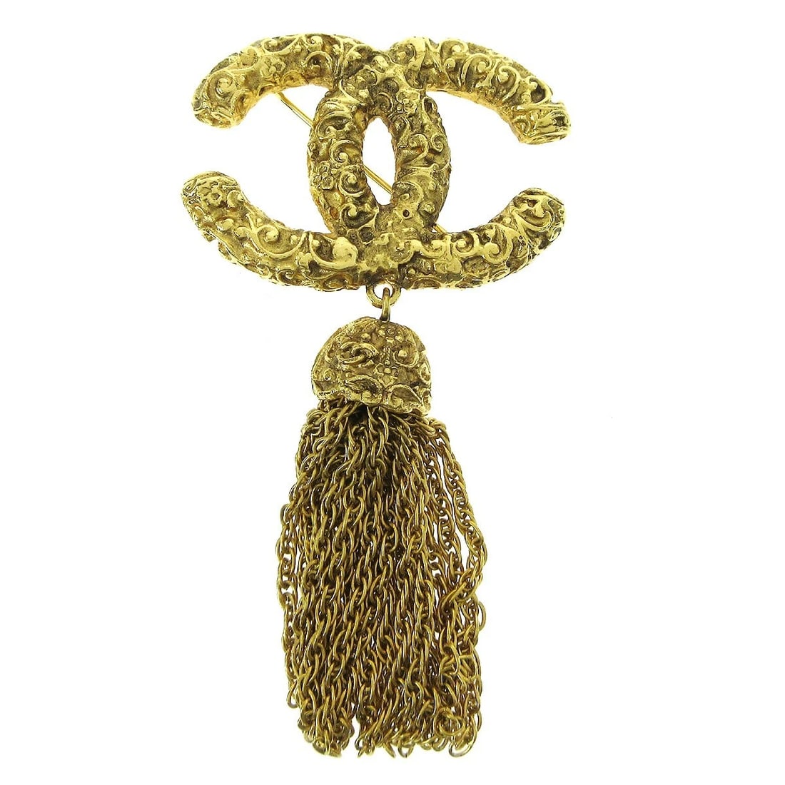 CHANEL GOLD FRINGE BROOCH PIN: Chanel Gold Fringe Brooch Pin Brand: CHANEL Type/Style: Pin Material: Gold Plated Color: gold Size: W 4.3 x H 8.0 cm Accessories: None Accessories Notice: When purchasing pre-owned goods,