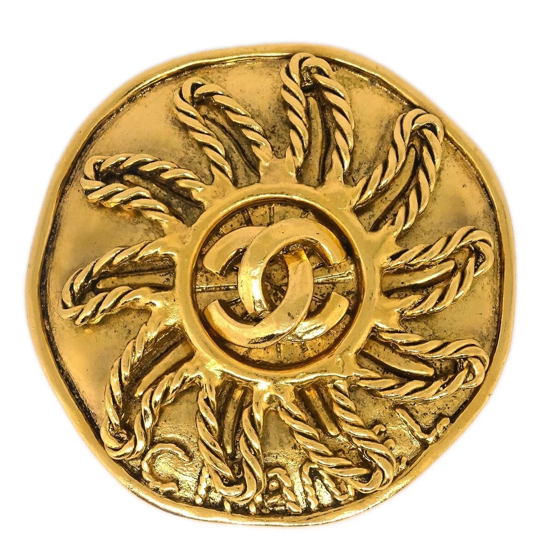 CHANEL GOLD MEDALLION SUN BROOCH PIN: Chanel Gold Medallion Sun Brooch Pin Brand: CHANEL Type/Style: Brooch Material: Gold Plated Color: gold Size: Diameter: 4.5 cm Accessories: None Accessories Notice: When purchasing pre-own