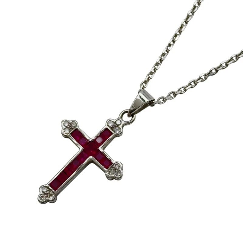 18K WG RUBY/DIAMOND CROSS NECKLACE JEWELRY: 18K WG Ruby/Diamond Cross Necklace Jewelry Brand: Unbranded Type/Style: Necklace Material: 18K WG, Main Stone Ruby Color: WG Size: Size Height: approx. 25.8mm Width: approx. 16.6mm Chain length: