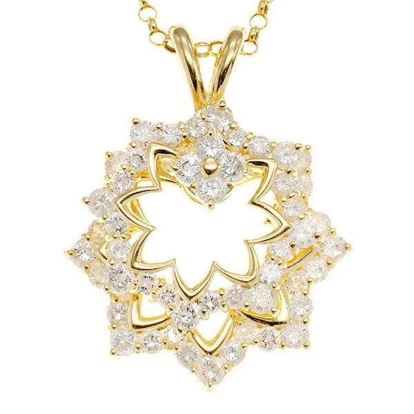 FLOWER MOTIF DIAMOND SWING PENDANT NECKLACE: Flower Motif Diamond Swing Pendant Necklace Brand: Unbranded Type/Style: Necklace Material: 18K YG Color: YG Size: Size Length: Approx. 46.5cm Top: approx. W30mm x H31.5mm Accessories: None