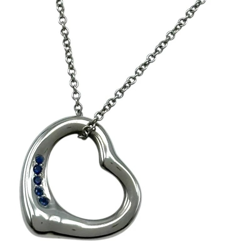 TIFFANY & CO. OPEN HEART NECKLACE PLATINUM JEWELRY: Tiffany & Co. Open Heart Necklace Platinum Jewelry Brand: Tiffany & Co. Type/Style: Necklace Material: Pt950, Main Stone Sapphire Color: PT Size: Size Height: approx. 14.0mm Width: approx. 16.0mm