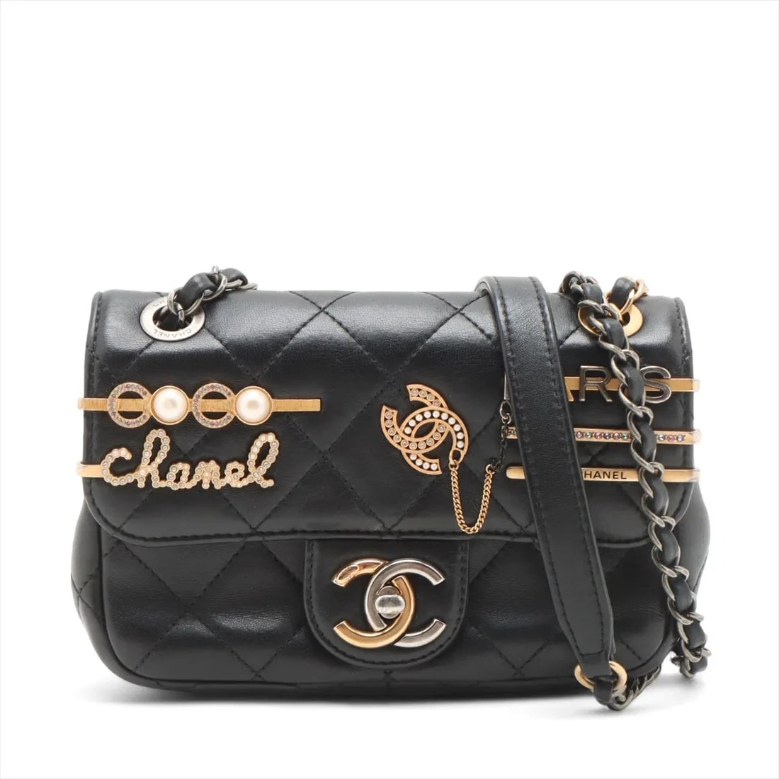 CHANEL MATELASSE LAMBSKIN SINGLE FLAP DOUBLE CHAIN BAG: Chanel Matelasse Lambskin Single Flap Double Chain Bag Brand: Chanel Type/Style: Shoulder bag Material: Lambskin Color: Black Size: Height:4.5inchLength:6.7inchDepth:2.0inch Accessories: None