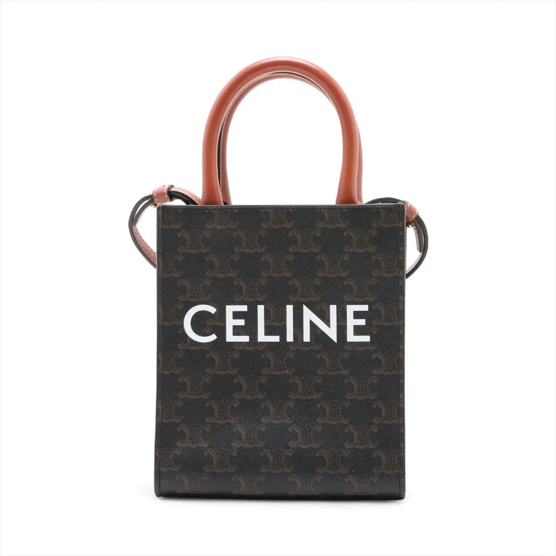 CELINE TRIOMPHE MINI VERTICAL PVC & LEATHER 2 WAY HANDBAG: Celine Triomphe Mini Vertical PVC & leather 2 Way Handbag Brand: Celine Type/Style: Hand bag Material: PVC & leather Color: Brown Size: Height:7.9inchLength:6.7inchDepth:2.4inch Accessories: None